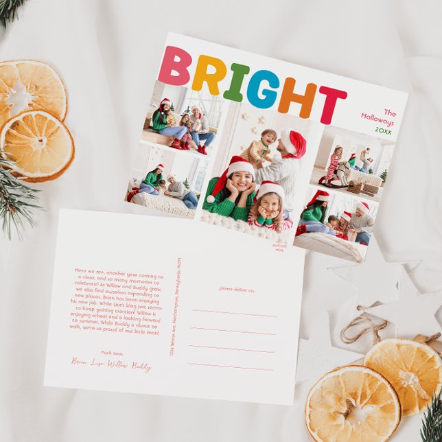 Colourful Merry and Bright Year in Review 5 Photo Holiday Postcard (Creator Uploaded)