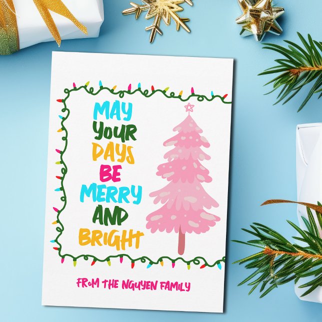 Colourful Merry Bright Pink Christmas Tree Custom Holiday Card (Creator Uploaded)
