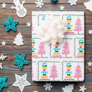 Colourful Merry Bright Pink Christmas Tree Custom Wrapping Paper Sheet