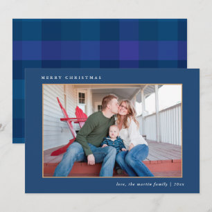 Colourful Merry Christmas Blue Plaid Print Holiday Card