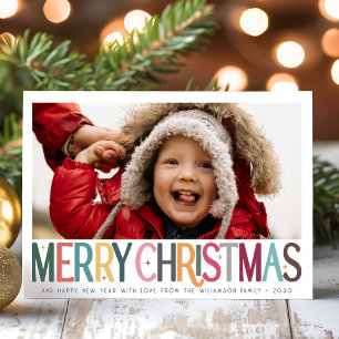 Colourful Merry Christmas Cute Retro Stars Photo Holiday Card