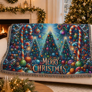 Colourful Merry Christmas Decorated Trees Throw Blanket