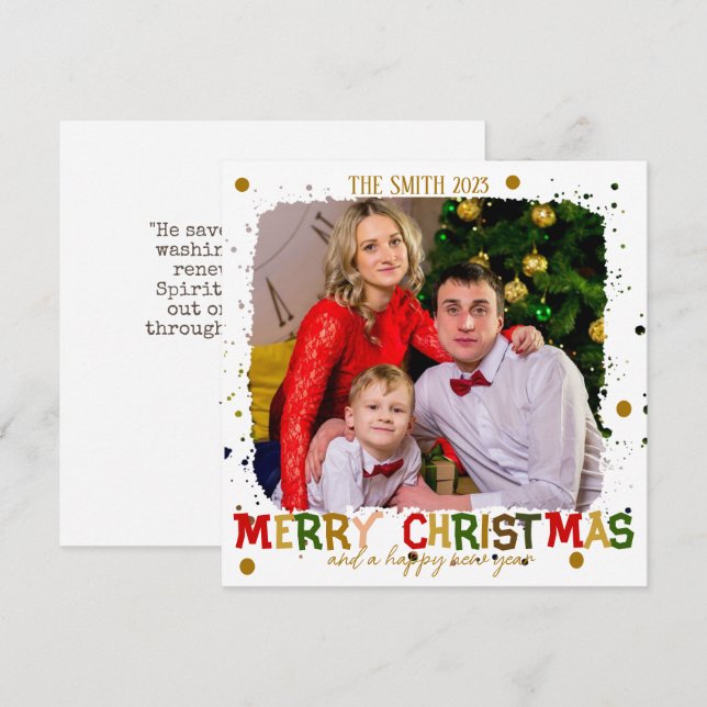 Colourful Merry Christmas Family Gold Holiday Card (Front/Back)