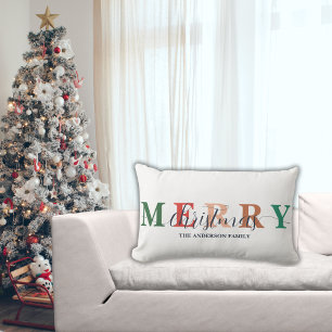Colourful Merry Christmas Family Name Lumbar Cushion