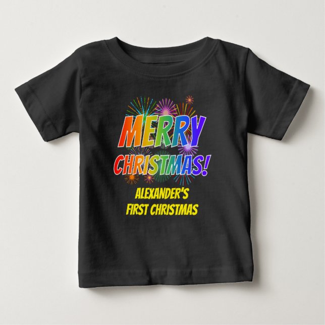 Colourful "MERRY CHRISTMAS!", Fireworks, Name Baby T-Shirt (Front)