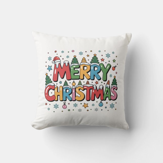 Colourful Merry Christmas Kids Cartoon Throw Pillo Cushion (Front)