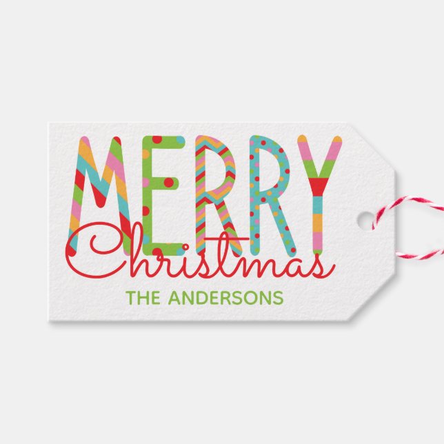 Colourful Merry Christmas Personalised Gift Tags (Front (Horizontal))