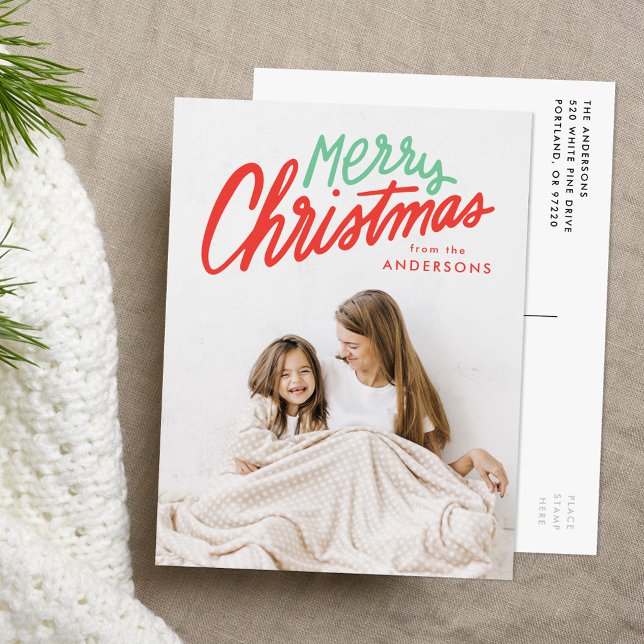 Colourful Merry Christmas Red and Green 2 Photo Holiday Postcard (Creator Uploaded)