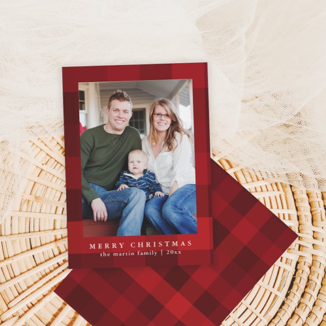 Colourful Merry Christmas Red Plaid Print Holiday Card (Creator Uploaded)