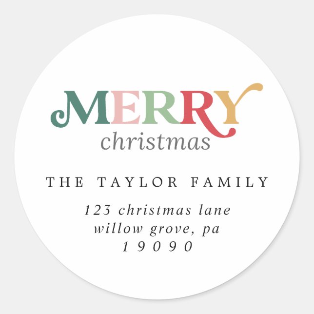Colourful Merry Christmas Return Address Envelope Classic Round Sticker (Front)