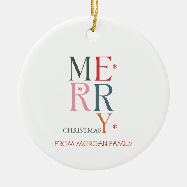 Colourful Merry Christmas Snowflakes Ceramic Tree Decoration (Front)