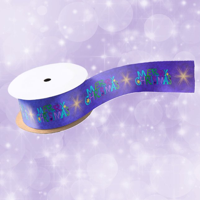 Colourful Merry Christmas Text Twinkle Gold Stars  Satin Ribbon (Merry Christmas in colourful letters gold twinkle stars on blue purple holiday gift wrap ribbon.)
