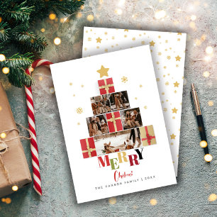 Colourful Merry Christmas Tree Family Collage Holiday Card
