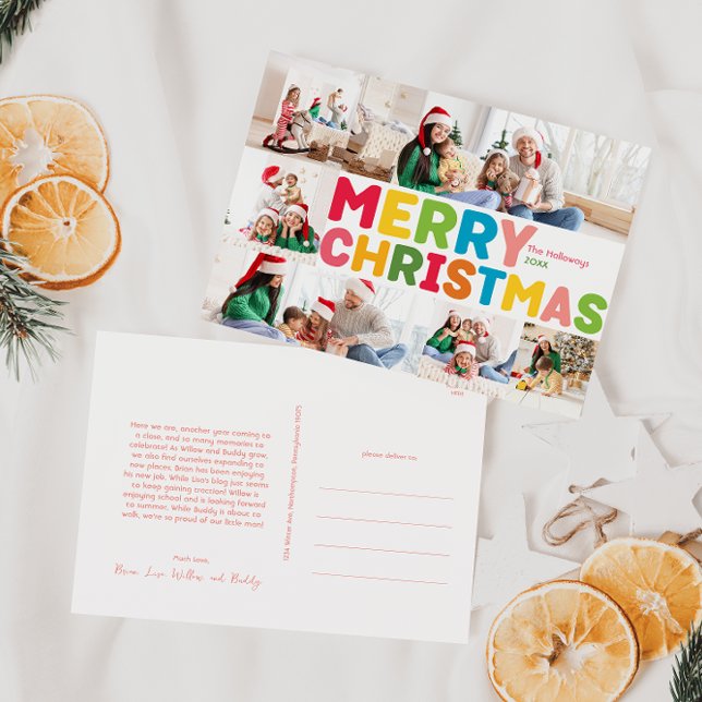 Colourful Merry Christmas Year In Review 6 Photo Holiday Postcard (Creator Uploaded)
