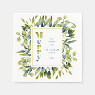 Colourful Merry Green Blue Leaves Christmas Napkin