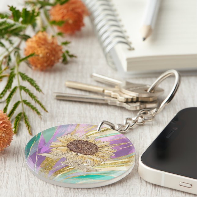 Colourful Metallic Floral Background With Sunflowe Key Ring (Front Right)