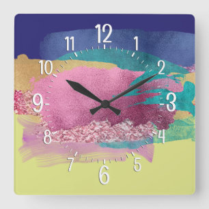 Colourful Metallic Painted Brush Strokes Artistic Square Wall Clock