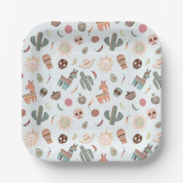 Colourful Mexican Cactus Skulls Suns Neutral Colou Paper Plate (Front)