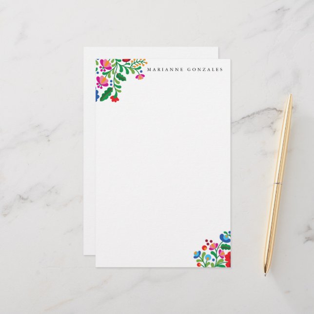 Colourful Mexican Embroidery Custom Name Notepad Stationery (Front/Back In Situ)