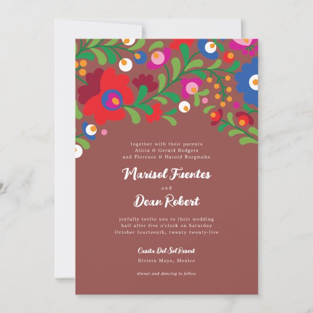 Colourful Mexican Embroidery Wedding Invitation (Front)