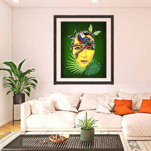 Colourful Mexican Ethnic Mask W/ Parrot On Green   Poster