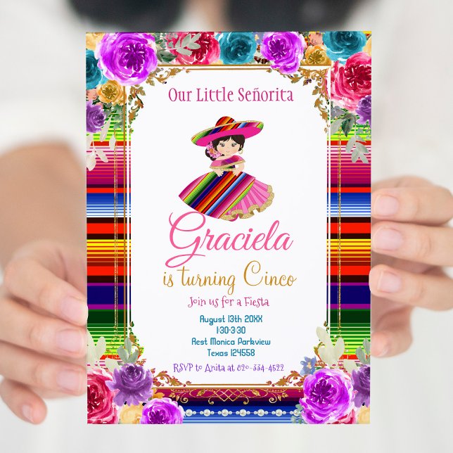 Colourful Mexican Fiesta Birthday Gold Girl   Invitation (Creator Uploaded)