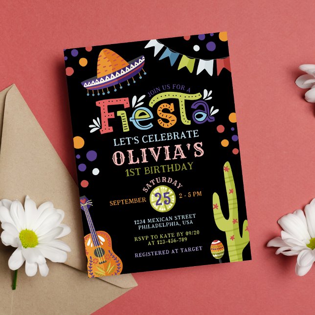 Colourful Mexican Fiesta First Birthday Black Invitation (Creator Uploaded)
