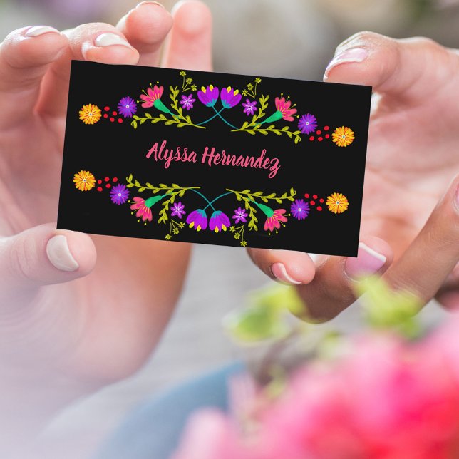 Colourful Mexican Fiesta Floral Black Business Car Business Card (Creator Uploaded)