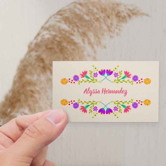 Colourful Mexican Fiesta Floral Champagne Business Card (Horizontal Business Card with fiesta floral frame)