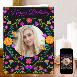 Colourful Mexican Fiesta Flowers Photo Birthday Card