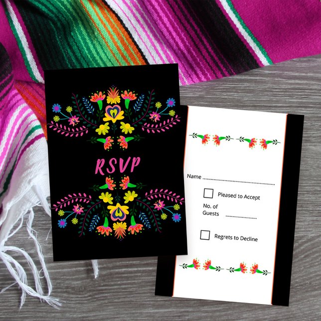 Colourful Mexican Fiesta Party Flowers Black RSVP Card (Colorful Response Card from my Mexican Fiesta Party collection)