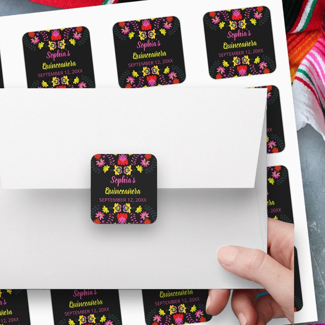 Colourful Mexican Fiesta Party Flowers Black Square Sticker (Stickers, envelope seals, cupcake toppers .. from my Mexican Fiesta Party Quinceanera Collection 
)