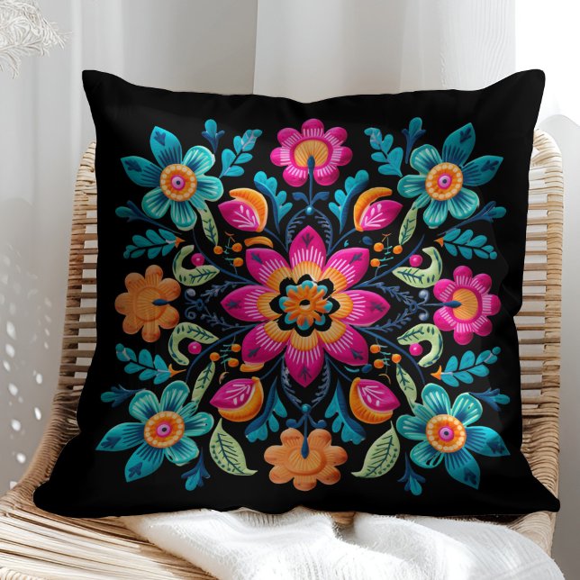 Colourful Mexican Floral Fiesta Patter Cushion (Colorful Mexican Floral Fiesta Patter Throw Pillow on a sunny rattan chair.)