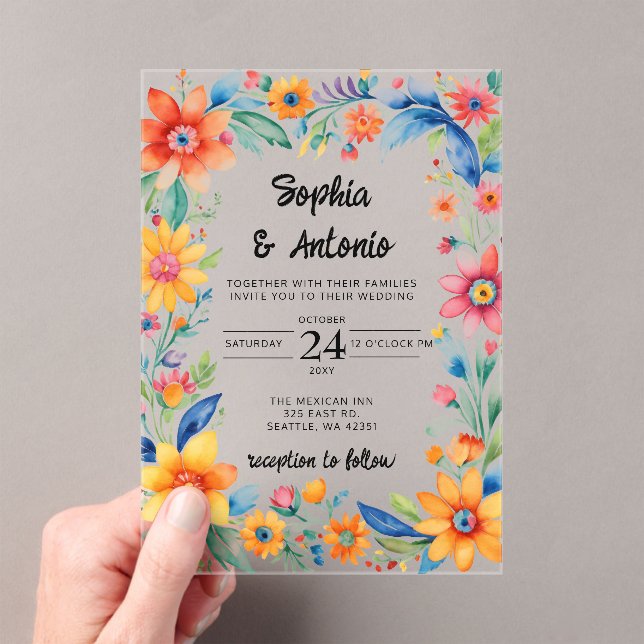 Colourful Mexican Floral Fiesta Wedding Acrylic Invitations (Insitu (Handheld))
