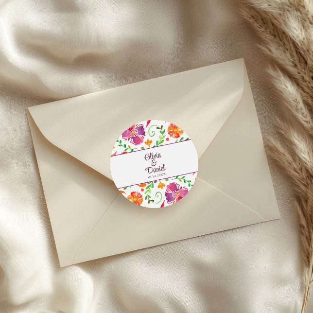 Colourful Mexican Floral Fiesta Wedding  Classic Round Sticker (Colorful Mexican Floral Fiesta Wedding Classic Round Sticker on an elegant wedding envelope.)