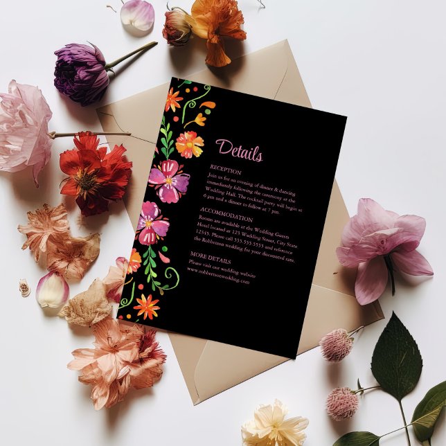 Colourful Mexican Floral Fiesta Wedding Details  Invitation (Colorful Mexican Floral Fiesta Wedding Details Invitation on a table withd colorful flowers.)