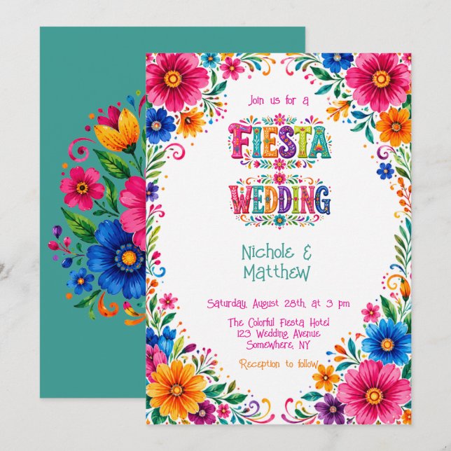 Colourful Mexican Floral Fiesta Wedding Invitation (Front/Back)