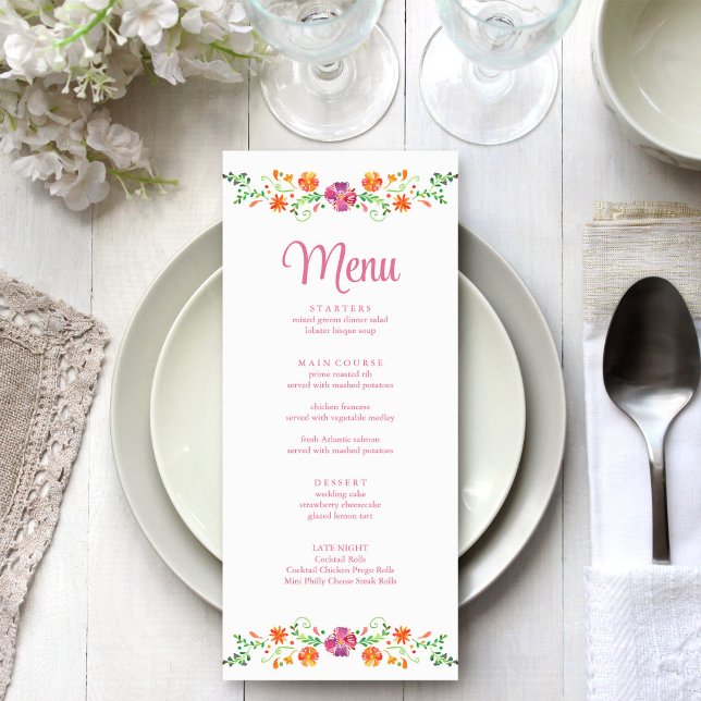 Colourful Mexican Floral Fiesta Wedding Menu Card (Colorful Mexican Floral Fiesta Wedding Menu Card on wedding dinner table.)