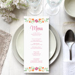 Colourful Mexican Floral Fiesta Wedding Menu Card<br><div class="desc">Set the tone for an unforgettable dining experience with our "Colourful Mexican Floral Fiesta Wedding Menu Card." This beautifully designed menu features vibrant hand-painted watercolor flowers in shades of orange, red, and purple, capturing the lively spirit of Mexico. The elegant dark text against a clean white background showcases your meticulously...</div>