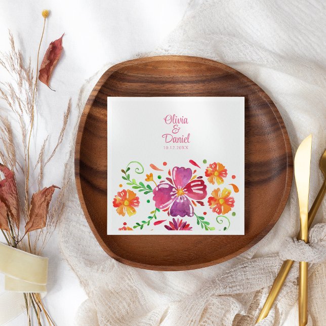 Colourful Mexican Floral Fiesta Wedding  Napkin (Colorful Mexican Floral Fiesta Wedding Paper Dinner Napkins on a wooden plate and dry flowers.)