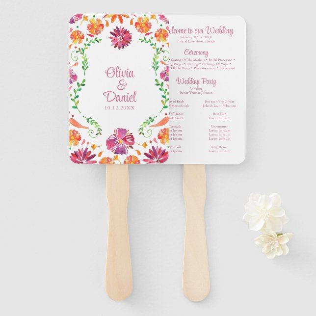 Colourful Mexican Floral Fiesta Wedding Program Hand Fan (Front and Back)