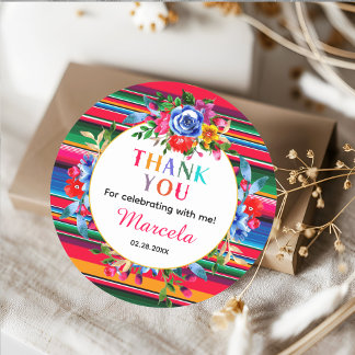 Colourful Mexican Floral & Serape Thank you Favour Classic Round Sticker