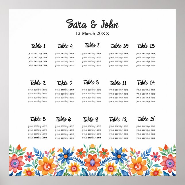 Colourful Mexican Floral Wedding Seating Chart (Front)
