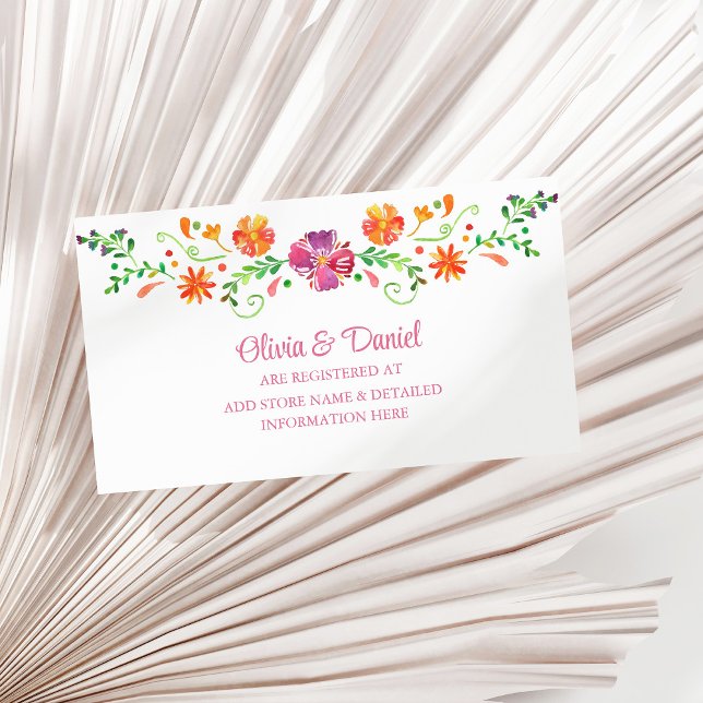Colourful Mexican Flower Fiesta Wedding Registry Enclosure Card (Colorful Mexican Flower Fiesta Wedding Registry Enclosure Card on a sunny white dry palm leaf.)