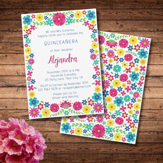 Colourful Mexican flowers quinceañera invitation (Creator Uploaded)
