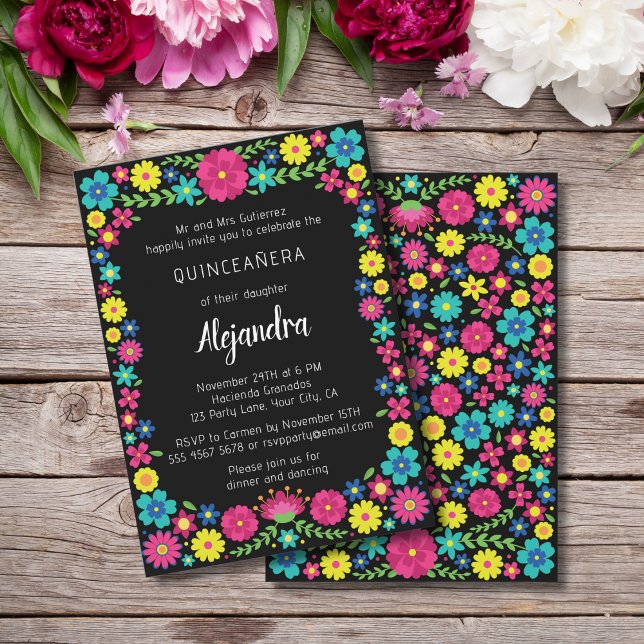 Colourful Mexican flowers quinceañera invitation (Creator Uploaded)