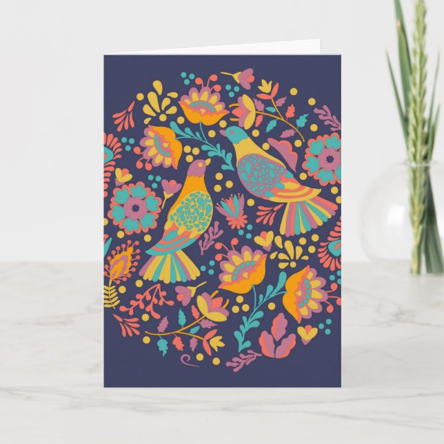 Colourful Mexican Folk Art Birds and Flowers Blue Card (Front)