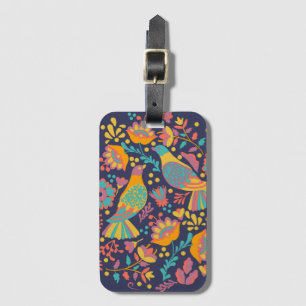 Colourful Mexican Folk Art Birds and Flowers Blue Luggage Tag