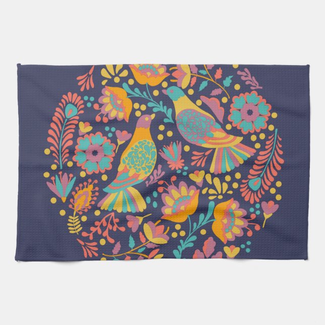 Colourful Mexican Folk Art Birds and Flowers Blue Tea Towel (Horizontal)