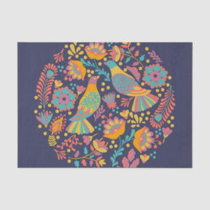 Colourful Mexican Folk Art Birds and Flowers Blue Tissue Paper